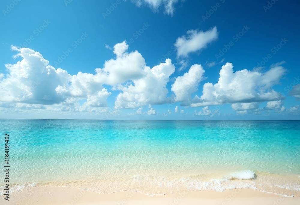 Turquoise ocean meets white sand under a blue sky with clouds Turquoise ocean meets white sand under a blue sky with clouds