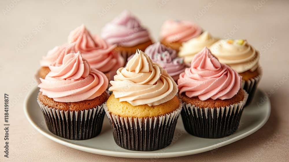 Delicious cupcakes with colorful swirls of frosting arranged on Delicious cupcakes with colorful swirls of frosting arranged on