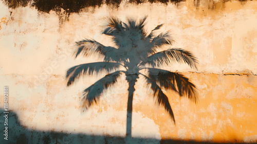 A palm tree casting a shadow on a wall, creating a striking silhouette, with copy space. Sunshadow. Illustration photo