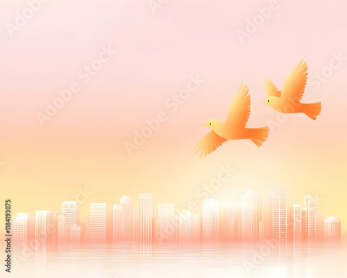 Two birds flying over cityscape at sunset; peaceful urban scene; ideal for peace, hope, freedom concepts photo