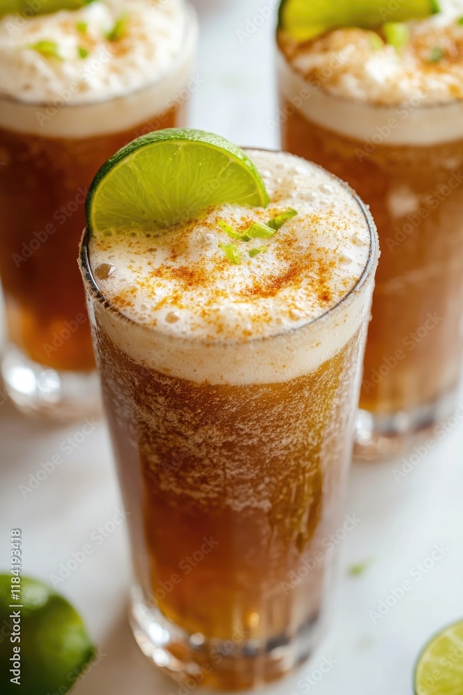 Refreshing beverage with frothy top and lime garnish, perfect fo Refreshing beverage with frothy top and lime garnish, perfect fo