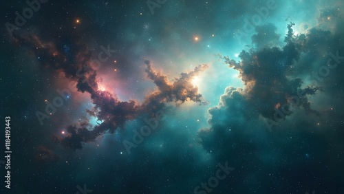 Stunning Teal Nebula, Vibrant Cosmic Dust and Galaxy Space Background