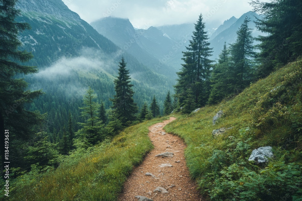 Obraz premium Misty Mountain Hiking Trail Scenic Path Nature Walk Adventure Green Forest