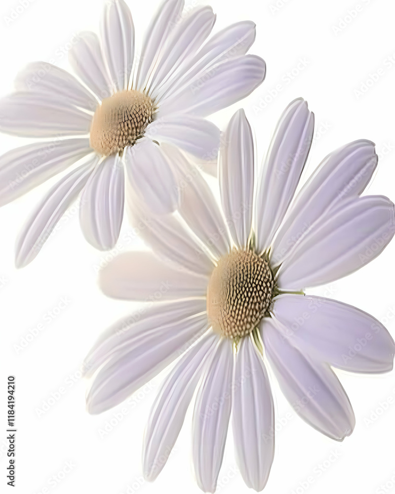 Two pale daisies, close-up, isolated on white background, perfect for floral designs or greeting cards Two pale daisies, close-up, isolated on white background, perfect for floral designs or greeting cards