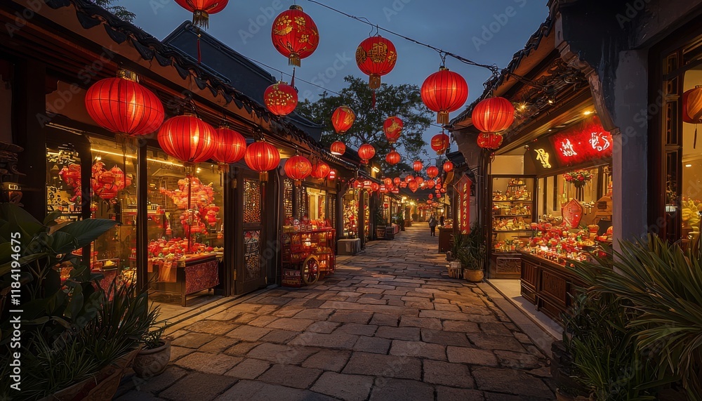 Fototapeta premium Ancient street alive with the glow of red lanterns, celebrating Chinese New Year with a warm and inviting atmosphere, surrounded by historic buildings and vibrant festive decor