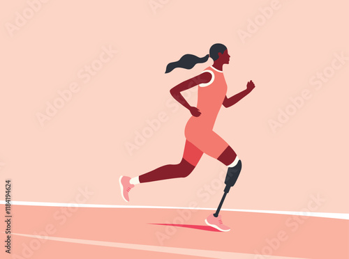 Illustration of a dark skinned woman running competition with leg prostheses in an orange tank top and green shorts. Running paralympic athlete flat design illustration.
