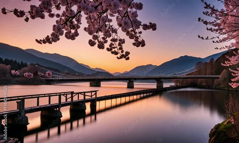A serene landscape featuring a sunset, cherry blossoms, a bridge over a river, and mountains in the background. The scene captures the tranquility and beauty of nature A serene landscape featuring a sunset, cherry blossoms, a bridge over a river, and mountains in the background. The scene captures the tranquility and beauty of nature