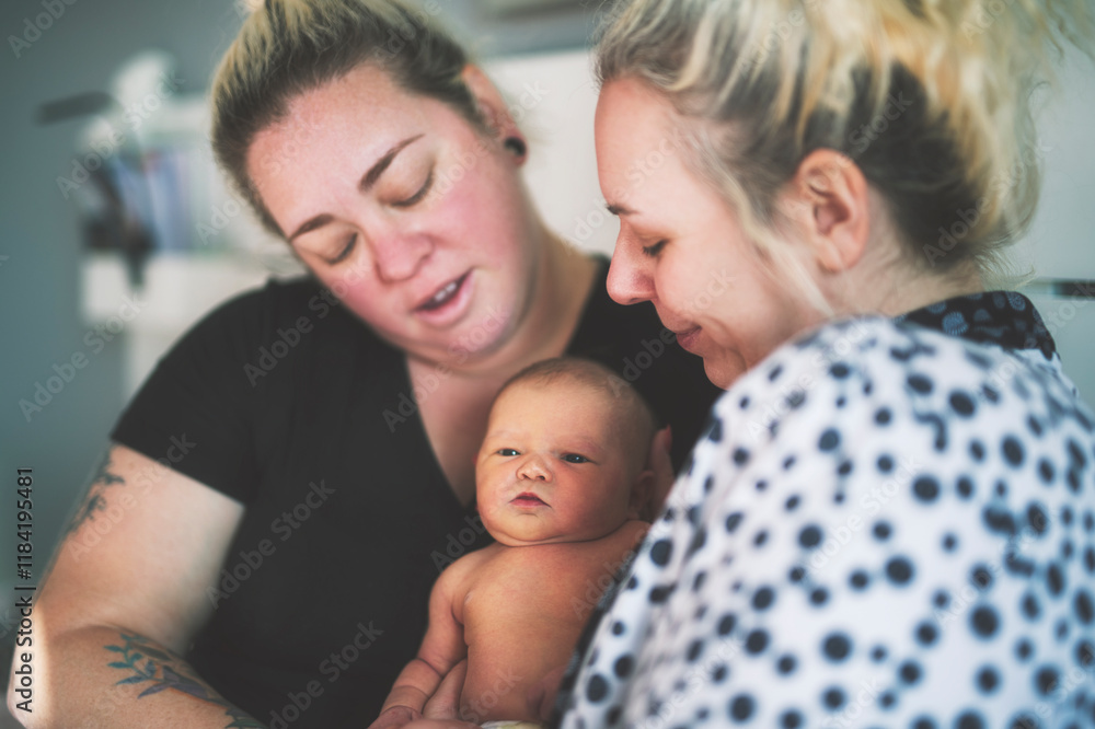 Women gay couple having fun with their baby daughter at home. Women gay couple having fun with their baby daughter at home.
