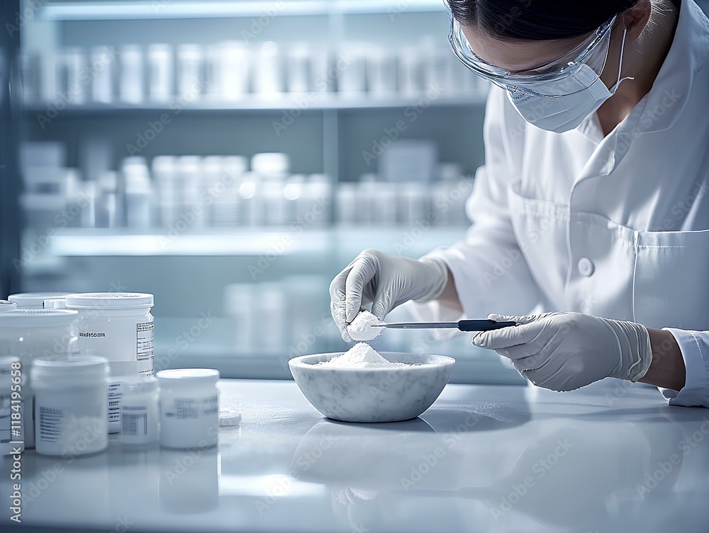 focuses on a pharmacist at a workbench, compounding a custom prescription. The pharmacist wears gloves and safety glasses, measuring powdered ingredients into a small mortar and pestle
