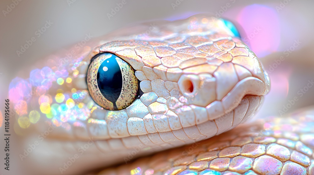 Fototapeta premium bright glossy texture of snakeskin, small snake head in the lower left corner, micro photography