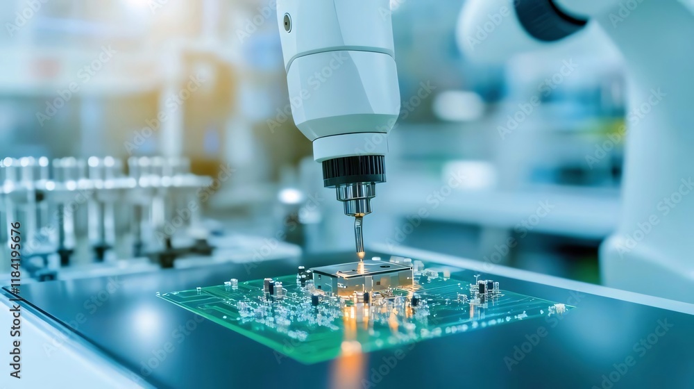 Robotic arm assembling circuit board in factory. (1) Robotic arm assembling circuit board in factory. (1)