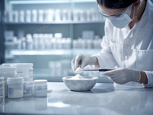 Obraz na płótnie focuses on a pharmacist at a workbench, compounding a custom prescription. The pharmacist wears gloves and safety glasses, measuring powdered ingredients into a small mortar and pestle w salonie