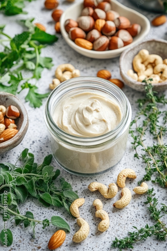 Creamy dip in jar surrounded by assorted nuts and fresh herbs, i Creamy dip in jar surrounded by assorted nuts and fresh herbs, i