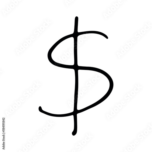 Hand drawn dollar currency symbol. Brush stroke doodle. Single element for design