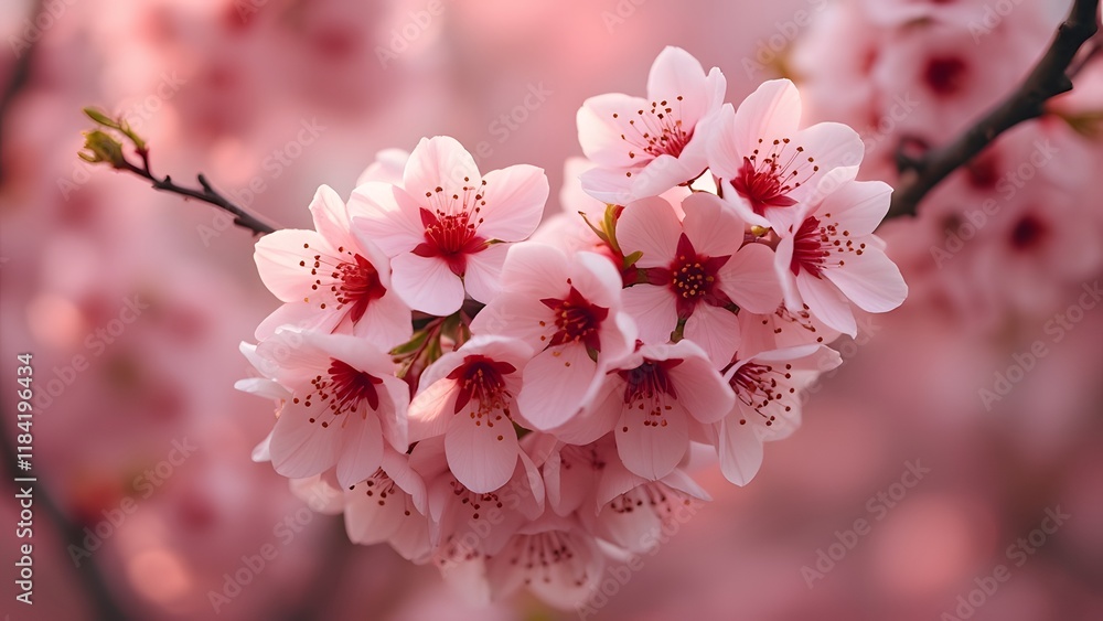 Fototapeta premium Stunning Red Cherry Blossoms, Delicate Spring Petals, Freshness and Renewal