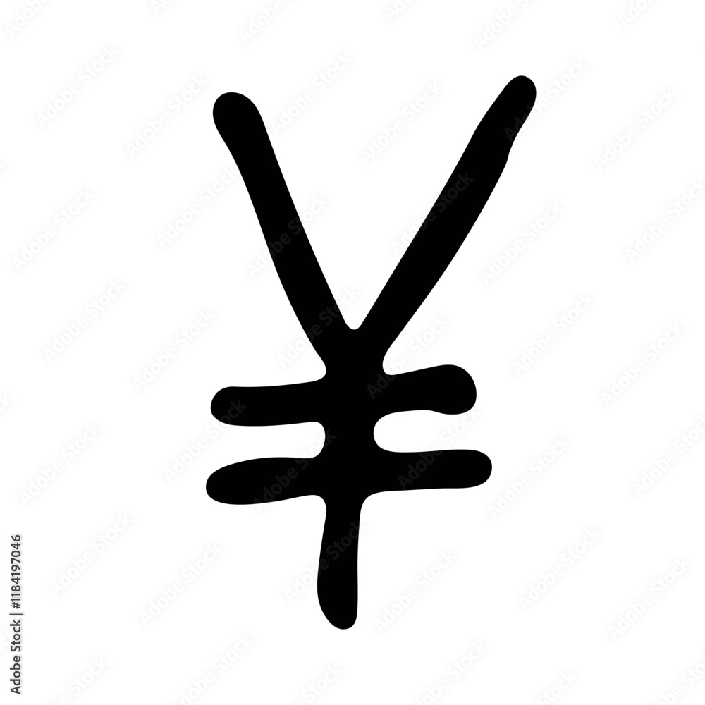 Hand drawn yen currency symbol. Brush stroke doodle. Single element for design