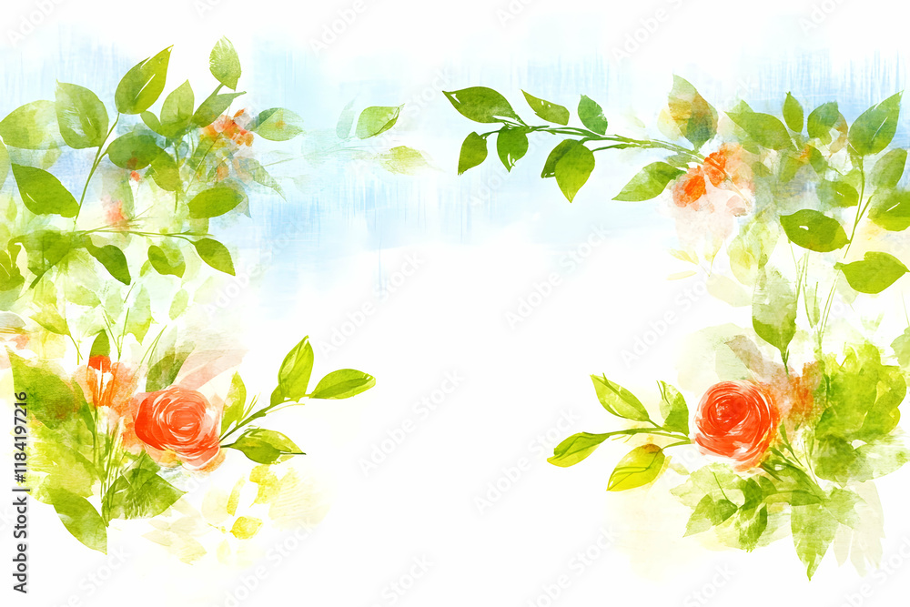 Watercolor painting of roses and leaves, creating a floral frame; perfect for wedding invitations or greeting cards Watercolor painting of roses and leaves, creating a floral frame; perfect for wedding invitations or greeting cards