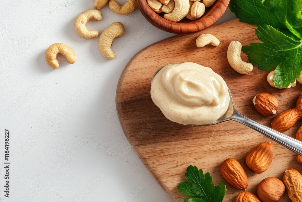 Creamy nut spread displayed on wooden board, surrounded by fresh Creamy nut spread displayed on wooden board, surrounded by fresh