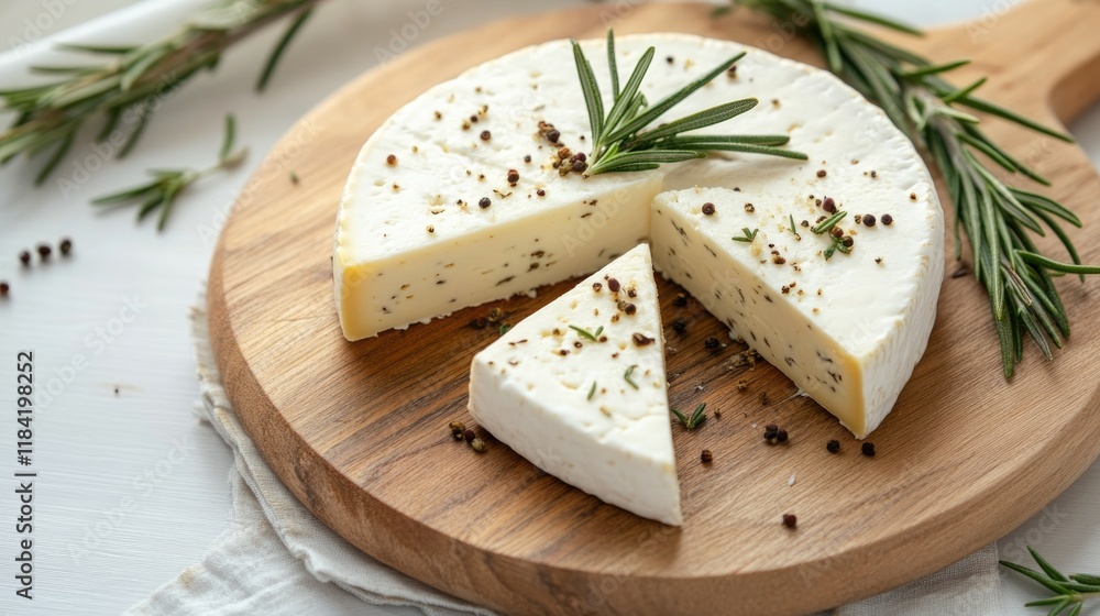 Creamy cheese on wooden board garnished with herbs and spices, i Creamy cheese on wooden board garnished with herbs and spices, i