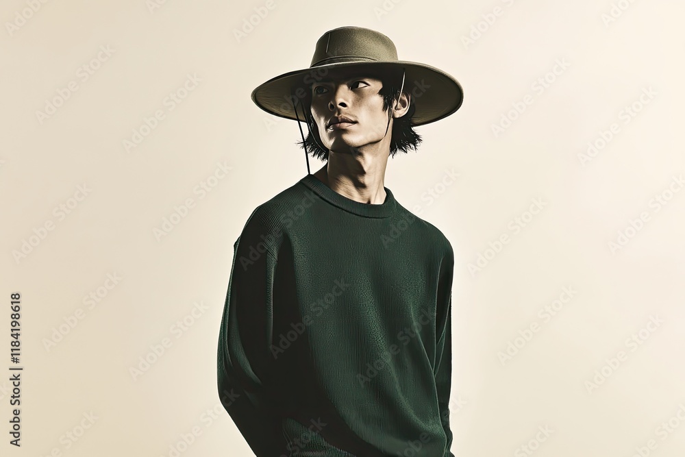 Stylish figure in wide-brimmed hat, exuding relaxed yet modern v Stylish figure in wide-brimmed hat, exuding relaxed yet modern v
