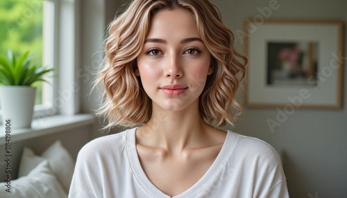 Smiling young woman in cozy indoor setting Free Download Smiling young woman in cozy indoor setting - GFXLoad