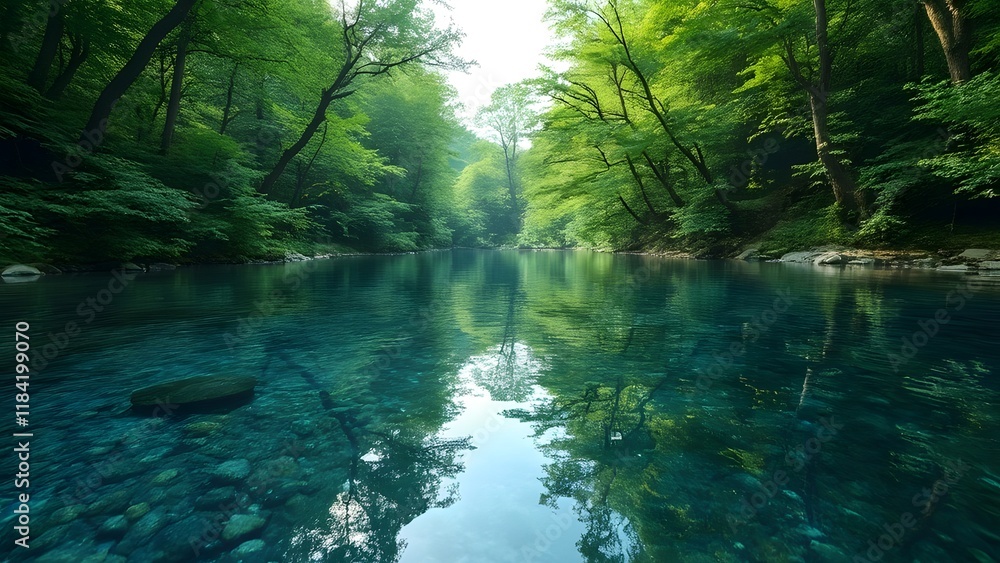 Serene Crystal Clear River Reflecting Lush Green Forest, Navy-hued Water Preservation Image Serene Crystal Clear River Reflecting Lush Green Forest, Navy-hued Water Preservation Image
