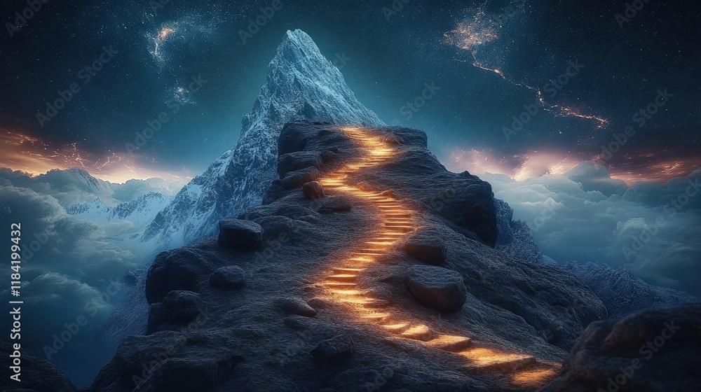 Fototapeta premium Majestic Mountain Pathway Illuminated by a Glowing Trail under Starry Night Sky with clouds and celestial Bodies in the Background