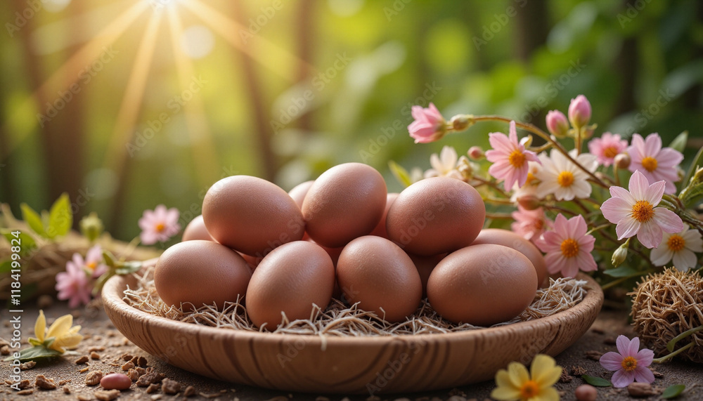 Brown eggs in wooden bowl surrounded by flowers and greenery Brown eggs in wooden bowl surrounded by flowers and greenery