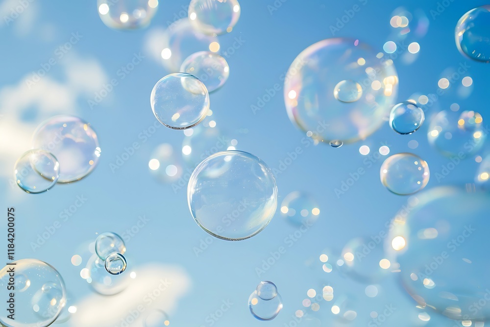 Numerous iridescent soap bubbles float against a bright blue sky. Sunlight reflects, creating shimmering highlights. Various sizes and positions showcase their delicate nature. Numerous iridescent soap bubbles float against a bright blue sky. Sunlight reflects, creating shimmering highlights. Various sizes and positions showcase their delicate nature.