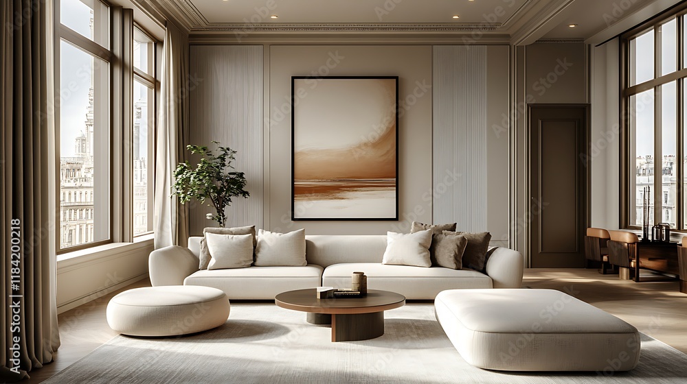 Elegant, modern living room with a floor-to-ceiling poster frame, light grey walls, subtle beige tones, and minimal furniture Elegant, modern living room with a floor-to-ceiling poster frame, light grey walls, subtle beige tones, and minimal furniture