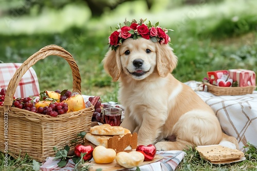 Playful golden puppy with floral crown at picnic outdoor setting adorable pet photography photo