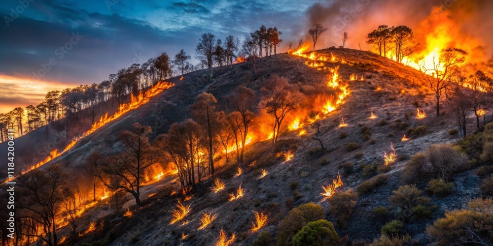 Dramatic Wildfire Spreads Across a Mountain Landscape Dramatic Wildfire Spreads Across a Mountain Landscape