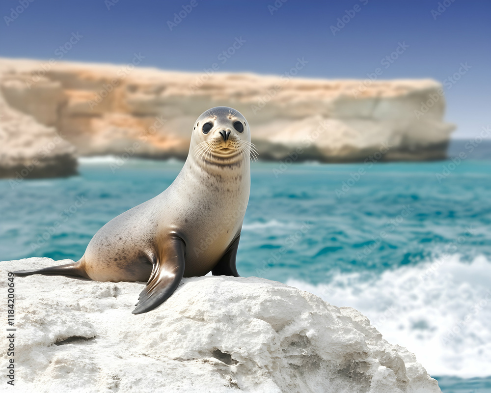 Naklejka premium Young sea lion posing on coastal rock, ocean background, sunny day, wildlife photography
