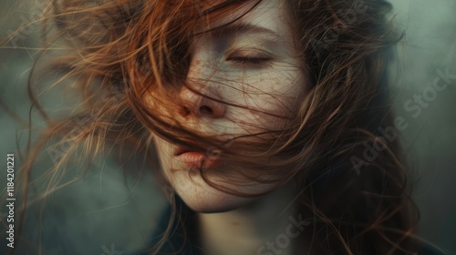 Close-up portrait of a young woman with windblown hair. Concept of natural beauty and emotion.