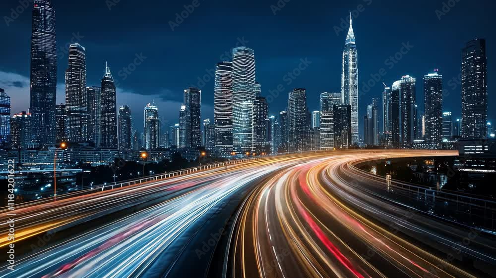 Vibrant Urban Skyline at Night Illuminated Skyscrapers and Stunning Light Trails Vibrant Urban Skyline at Night Illuminated Skyscrapers and Stunning Light Trails