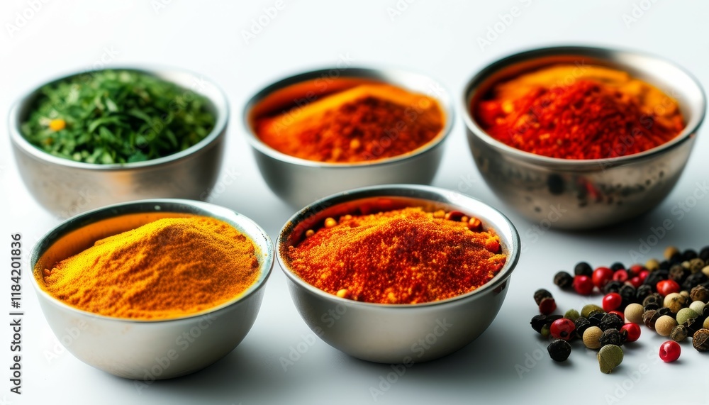 various spices of different colors in small bowls, and scattered peppercorns, on a white background various spices of different colors in small bowls, and scattered peppercorns, on a white background