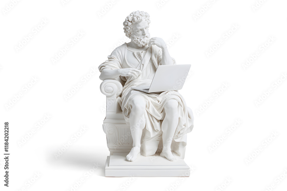 Obraz premium Realistic classic gypsum statue of man using a laptop for IT isolated on white background