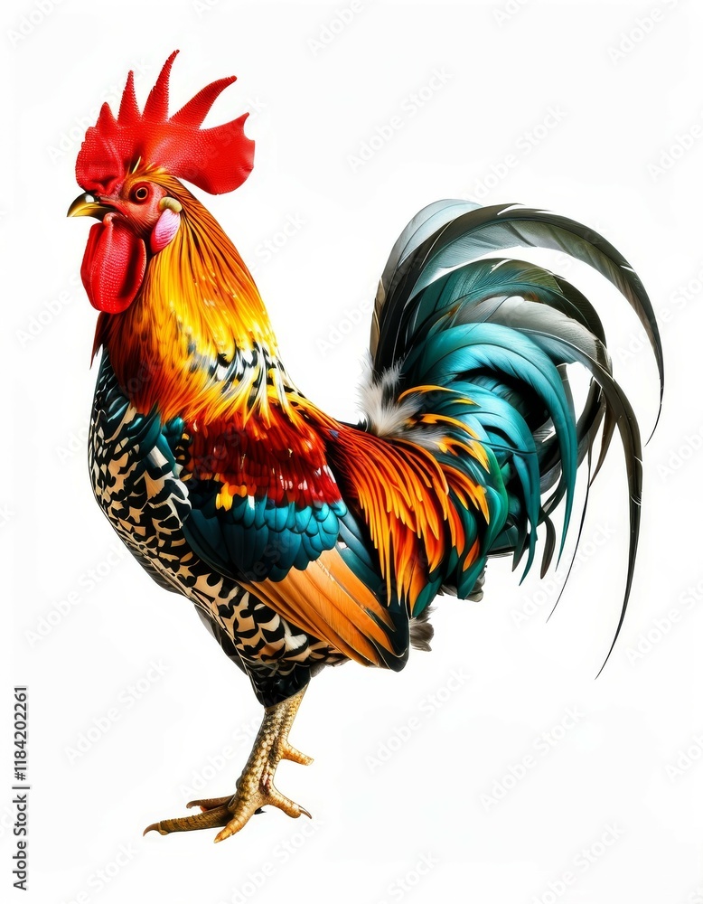Fototapeta premium beautiful bright colorful brave cockerel on a white background