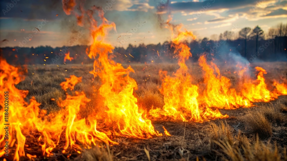 Flames Rise from a Grass Field During Sunset Flames Rise from a Grass Field During Sunset