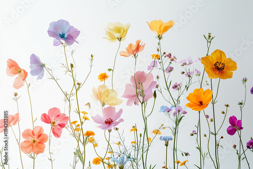Colorful wildflowers on a bright background with soft natural light