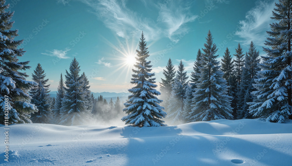 Naklejka premium Snow-covered pine trees under bright winter sun