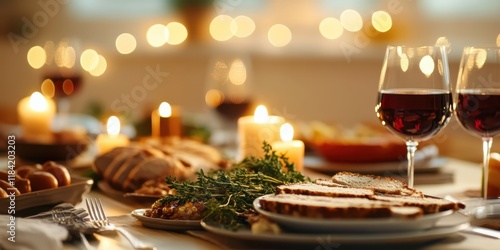 Elegant dinner gathering with wine cozy home setting food photography romantic ambiance close-up view culinary delight