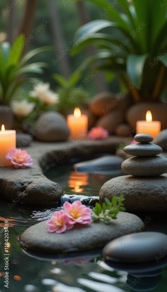 Obraz premium Spa ambience, tranquil space with water elements, flowing stream, small pond, lush flowers, greenery, candles, balanced stones.
