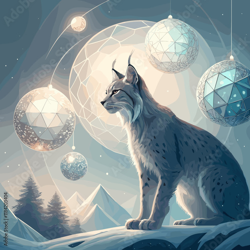 Lynx gazing at glowing orbs in snowy mountain landscape