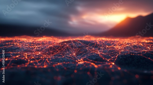Glowing network of lines spreading across a landscape, symbolizing the expanding reach of digital transformation.