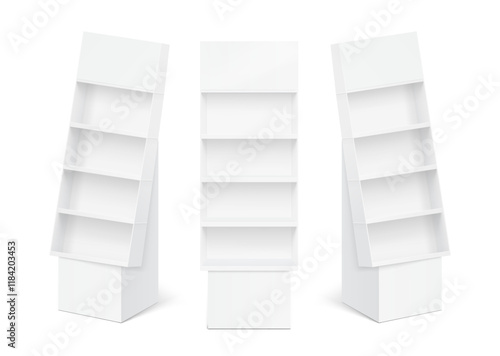 Four shelf side display with base mockup for sale point. Vector illustration on a white background. Can be use for template your design, promotion, advertising. EPS10.	