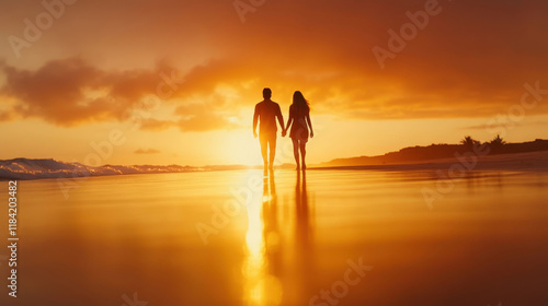Couple walking hand in hand beach sunset romantic scene serene environment side view love and connection