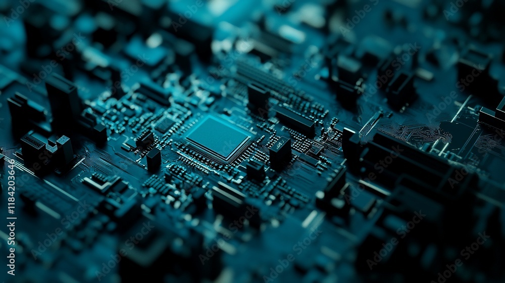 Close-up view of a microchip on a circuit board, showcasing technology and innovation. Close-up view of a microchip on a circuit board, showcasing technology and innovation.