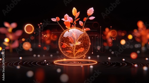 A glowing orb containing a digital plant, symbolizing growth and innovation through digital transformation in a technological world.