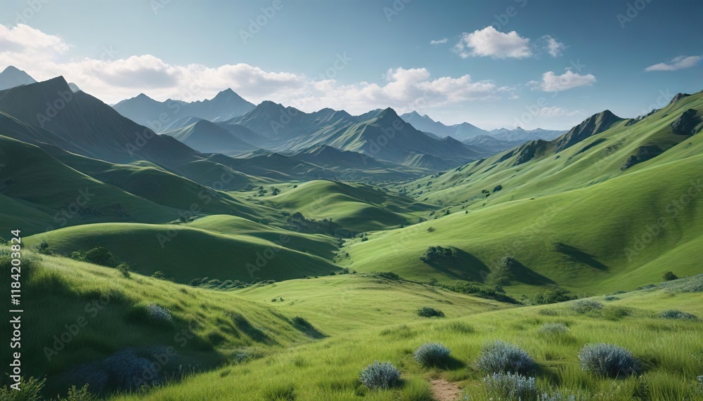 Fototapeta premium A serene vastness of undulating hills in shades of blue and green, peaceful, color palette